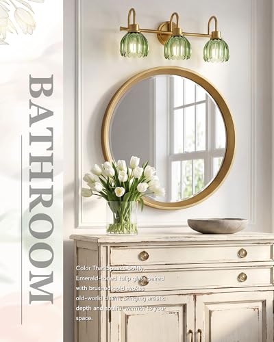 Image of 3-Light Gold Bathroom Light Fixtures with Green Tulip Glass Shade | 21 Inch Vanity Lights for Bathroom, Brass Vanity Lighting Fixtures Over Mirror, AD-22282-3W-GD-GR
