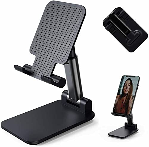 E Trade Portable Mobile Phone Holder - Adjustable Cell Phone Stand with Weighted Base - Foldable Smartphone Stand Compatible for ALL Smart Phone, iPad, Kindle (Black)