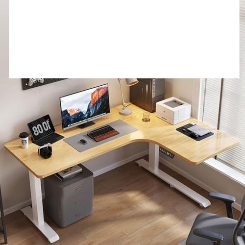 Emidor 電動スタンディングデスク、パソコンデスク、L字型、高さ調節可能、(電源コンセント付き)、モニタースタンド付きコーナーゲーミングテーブル、アンティークホワイト(デュアルモーター、1.6 x 1.1 m) (右です,F)