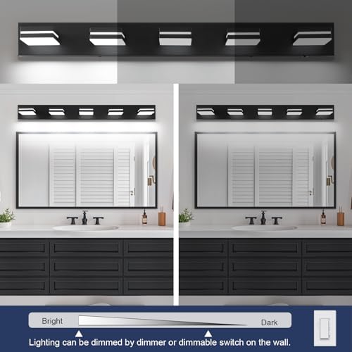 Image of Bathroom Vanity Lighting Fixtures Over Mirror (5-Light, 40-Inch) Dimmable Modern LED Bathroom Wall Lighting Fixtures, Matte Black (3000K /3500K /4000K /5000K /6000K)