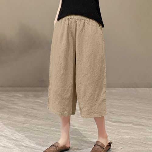 Cotton Linen Pants for Women Capri Pants Stretch Pull-on Cropped Pants Casual Straight-Leg Lounge Pants with Pockets2