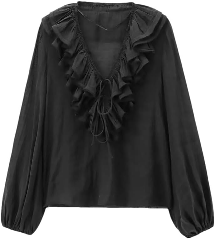 Women's V-Neck Ruffled Decorative Temperament Shirt Black L(0810)