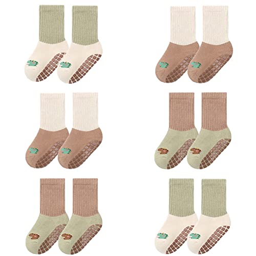 FedMois Pack de 6 Calcetines Térmicos Invierno de Algodón Antideslizantes para Bebé Niño Niña, Dinosaurio, 1-3 años Cover