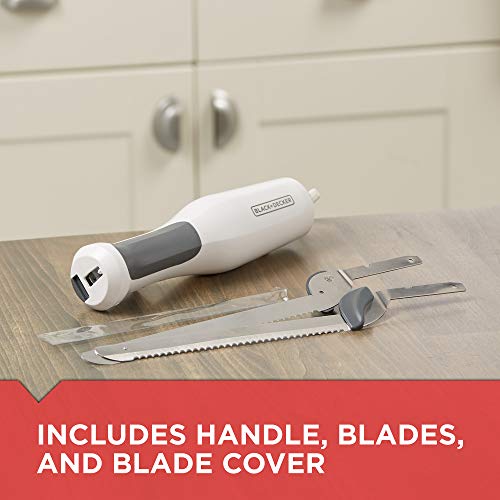 Image of BLACK+DECKER 9 inch Electric Carving Knife, Comfort Grip Handle & Safety Lock Button, Stainless Steel Blades and Dishwasher Safe Parts, Corded, White