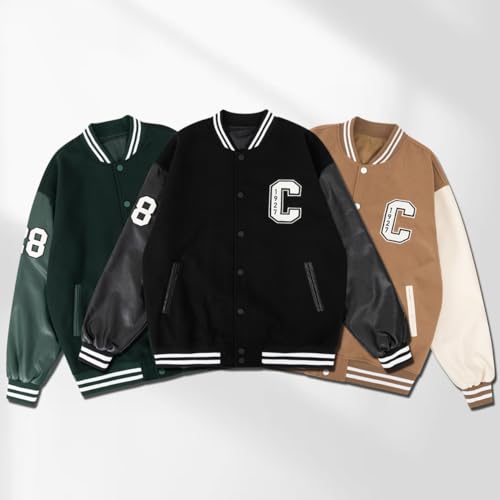 Men's Varsity Jackets 'C' Embroidery Baseball Bomber Jacket Unisex Vintage Letterman Wool and Faux Leather Coat3