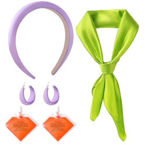 Attyxfica Purple Headband Green Neck Scarf Purple Earrings and Orange Temporary Hair Color - Halloween Costume Accessories Set for Party Cosplay and Themed Events