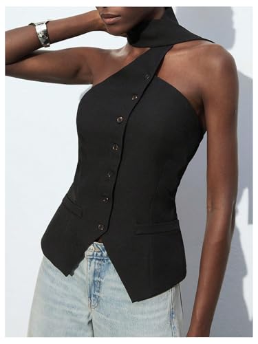 MakeMeChic Women's Backless Halter Tops Button Down Sleeveless Vest with Scarf2