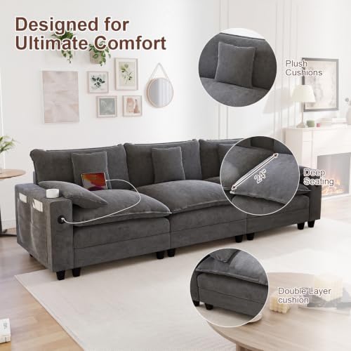 Image of KCGKCG 116 inch 3-Seater Cloud Sofa, Modular Sectional Couch, Chenille Deep Seat Cloud Couch with Charging Station, Cup Holder, Side Pocket, Double Layer Seat Cushion Couches for Living Room, Grey