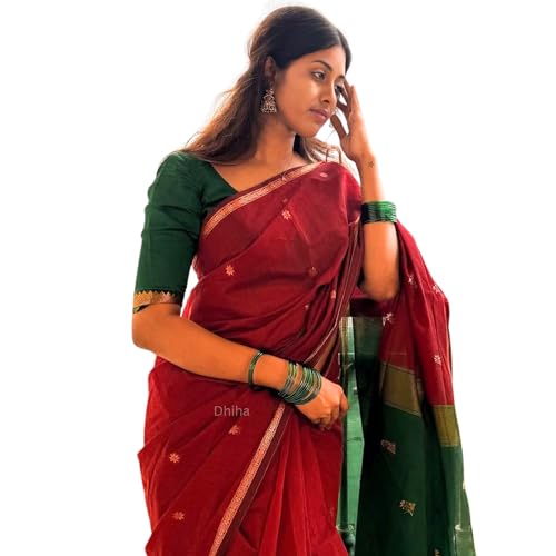 Image of Original Maheswari Cotton Silk Saree for Women | Kanjivaram Pure Silk Cotton Sari with Blouse | Zari Work | Tassels | Handloom Weave