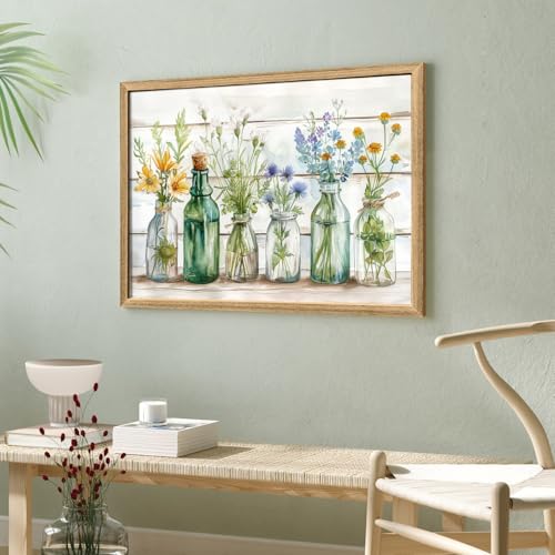 WLHARTT Rustic Bathroom Wall Decor, Green Flower Watercolor Bottles Wall Art, Farmhouse Country Floral Retro Wood Boards Canvas Painting Prints for Bathroom, Bedroom Wood Framed Ready to Hang 16"x12" by WLHARTT - Used condition - Image 3
