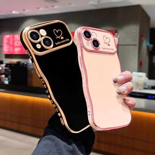 LCHULLE for iPhone 13 Case for Women Girls, Cute Wave Frame Curly Shape with Love Heart Pattern Raised Camera Protection Cover Luxury Plating Shockproof Phone Case for iPhone 13, Pink