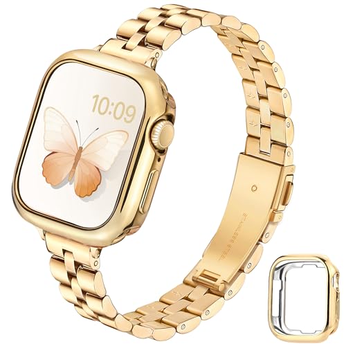 G-ficu Thin Metal Straps with Case for Apple Watch Straps Women 41mm 40mm 38mm Slim Stainless Steel Band with Protective Cover iWatch Strap for Apple Watch Series 9 8 7 6 5 4 3 SE Strap gold
