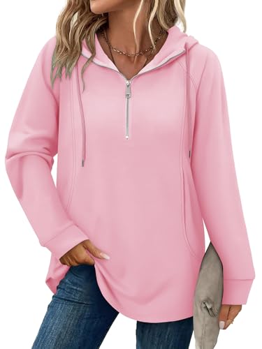 onlypuff Women Hoodie Pullover Trendy Quarter Zipper Lapel Sweatshirts Drawstring Cute Hooded Tunic Tops with Side Pockets