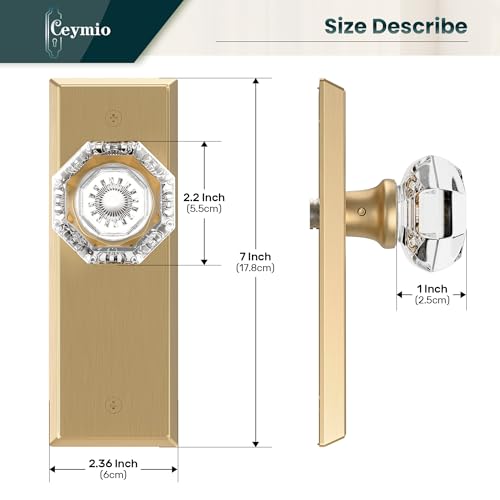 Image of Glass Door Knobs for Interior Doors - Vintage Crystal Passage Closet & Hallway Door Knob - Diamond Cut Door Handle - Satin Brass Finish (1 Pack)