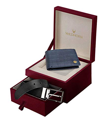 Image of WildHorn Classic Leather Men's Wallet and Belt Combo (New Blue Croco)