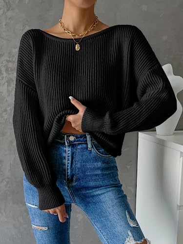 Labolliy Women Twist Back Backless Drop Shoulder Long Sleeve Pullover Rib Knit Sweater Tops2