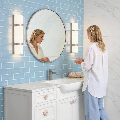Image of LED Bathroom 16 Inch Vanity Lighting Fixtures | CRI 90 4000K Brushed Nickel Wall Sconce Set of Two with White Frosted Glass Shade | 120V 15W 1200LM Dimmable with Dimmer Switch(not Included)