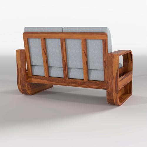Image of Solid Sheesham Wooden 2 Seater Sofa Set with Grey Cushion for Living Room Furniture - Honey Finish