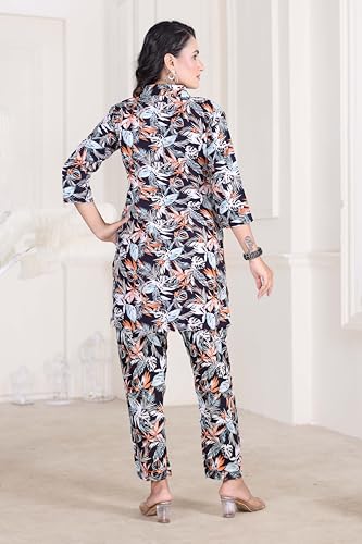 Image of OPIVE's Ethnic Floral Printed Viscous Rayon Shirt Collar Black Women's Co-ord Set (PC-2003-BLK)
