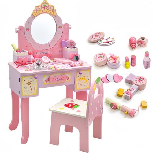 ロールプレイングドレッサー、子供用ドレッサー、椅子付き、ドレッサー、引き出し収納、シミュレーションドレッサー、ドレッサーボックス、プレイハウス、おもちゃ、木製、小さなプリンセスのおもちゃ、子供の日ギフト、誕生日プレゼント (クラウンドレッシングテーブル+ド