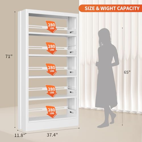 Metal White 71" Tall Bookshelf with Adjustable Shelves, 5-Tier Heavy Duty Book Case for Library, Living Room & Office (W