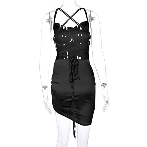 Image of JUMISEE Women Satin Ruched Lace Up Bodycon Mini Dress Sexy Backless Spaghetti Strap Party Dress for Cocktail Clubwear