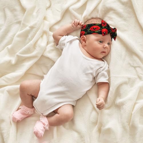 Beautiful Red Poppy Flower Pattern Baby Bow Headband - Super Stretchy Soft Bows Hair Accessories for Newborn Infant Toddlers Kids Girls - Elastic and Skin-Friendly4