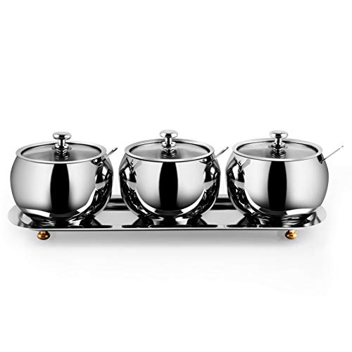 Earl Diamond Premium Stainless Steel Sugar Bowl with Stainless steel border Glass Lid and Spoon Drum Shape High Capacity 95 Oz 300 ml