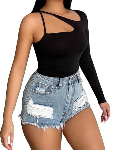 SOLY HUX Women's Cut Out Crop Tee Long Sleeve Shirts Asymmetrical Neck Tshirt Slim Fitted Crop Tops