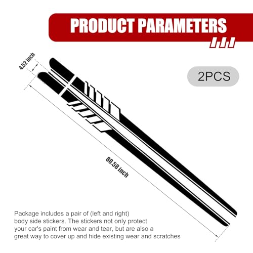 Image of 2PCS Car Side Body Decals, 4.52 inch x 88.58 inch Car Side Skirt Long Stripes Decals, Waterproof Personalized Stripe Stickers, Auto Stickers Accessories, Creative Door Decoration Stripe (Black)