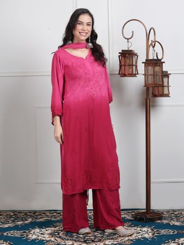 Image of Women's Luxe Lucknowi Chikankari Hand Embroidered Rayon Dyed Kurti Palazzo Dupatta Set - Designer Ethnic Wear for Wedding, Festive & Party Occasions