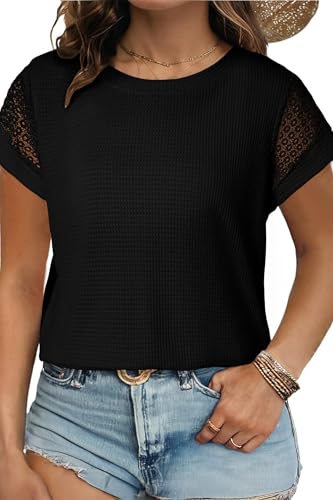 Image of Eytino Plus Size Tops for Women Waffle Knit T-Shirts Round Neck Short Sleeve Casual Loose Basic Tee Blouses(1X-5X)
