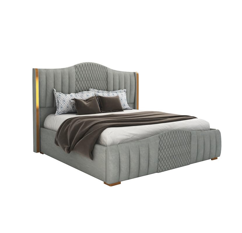 Image of MAMTA DECORATION Solid Wood Queen Size Bed for Bedroom with Box Storage | Premium Velvet Upholstery Double Bed with Tufted Headboard | Modern Palang Cot Bed for Home, Hotels & Guest Room | Grey Finish