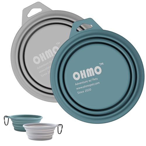 OHMO Tazón Plegable para Perros, (Paquete de 2, 400 ml, Azul Claro y Ceniza) tazones de Silicona Premium para Mascotas para Gatos y Perros, tazones portátiles para Viajes de Perros Plegables, pequeño