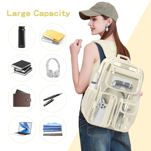 Image of Cusangel Clear Backpack Heavy Duty For Sport Events,TPU Beige 16in Bookbag | See Through Plastic Stitch Durable Design 6-Pocket For School Boys Adults work Airport Quick Security,Large capacity backpack