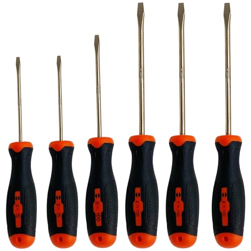 WEDO 6-Piece Non-Sparking Slotted Screwdriver Set,Spark-free Flat-head Screwdriver,6 Flat Tip Screwdrivers,Aluminum Bronze,Fiberglass Handle,Hand Tools Set