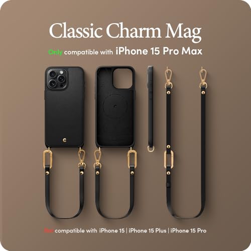Image of Spigen Cyrill Classic Charm Mag | iPhone 15 Pro Max Case | Crossbody Lanyard Strap iPhone 15 Pro Max Back Cover | Faux Leather+TPU+PC - Black