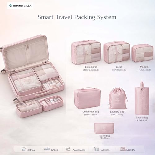 Image of BRAND VILLA 7 Pcs Travel Organizer Set Packing Cubes Luggage Organizer Bags with Shoe Bag, Laundry Pouch & Toiletry Bag for Clothes, Shoes, Accessories, Lightweight Travel Storage for Suitcase (Pink)