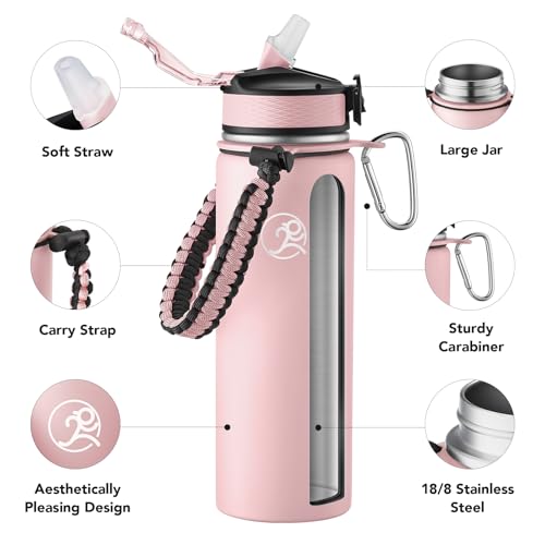Image of GOSWAG 24oz Insulated Stainless Steel Travel Water Bottle, 2 Lids | with straw and no straw, Paracord handle, Double-wall vacuum keeps drinks cold or hot, Leakproof tumbler