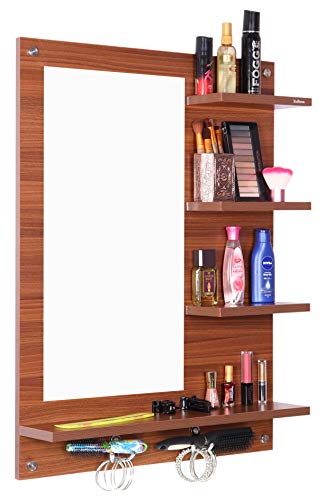 Image of Madhuran Blejaa Engineered Wood Wall Mounted Dressing Mirror with Storage Shelf | Rectangular Bathroom Wash Basin Vanity Mirror for Bedroom, Living Room & Makeup Area | 60 x 80 cm | Classic Walnut