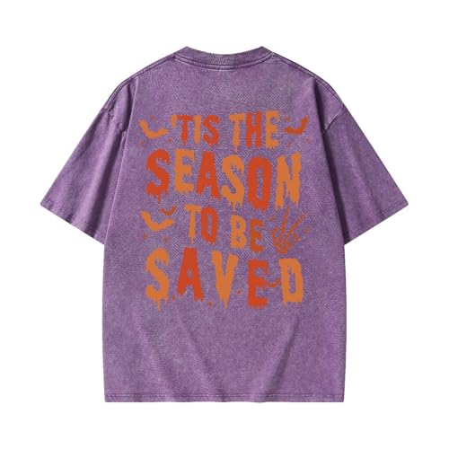 Graphic Tees Fall Halloween Novelty Women Men Cotton Oversized Letter Element Christian Washed T-Shirt