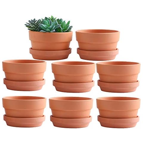 Yishang 4.4 Inch Shallow Terracotta pots with Saucer/Tray,Ceramic Clay Cactus/succlent Container with Drain Hole,Small unglazed Planter for Indoor/Outdoor Plants, Crafts Cover