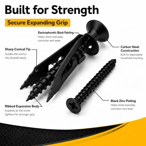 Image of Jyphorixal 150Pcs Self Drilling Drywall Anchors with Screws Kit,Zinc Plated Steel,2 Sizes Expansion Screws and 2 Sizes Wall Anchors, Easy Application No Drill or Holes in Wall.(Electrophoretic Black)