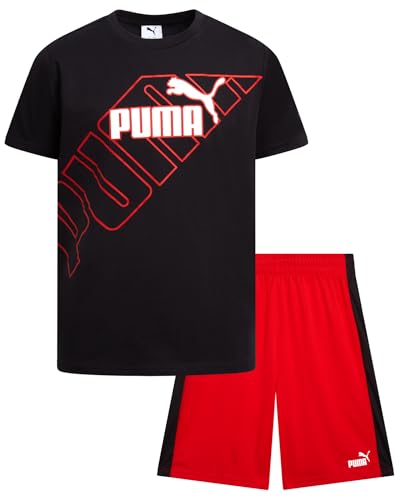 Image of PUMA Boys Short Set - 2 Piece Short Sleeve Crewneck Performance Graphic Tees and Athletic Mesh Shorts for Boys (Sizes: 4-16)