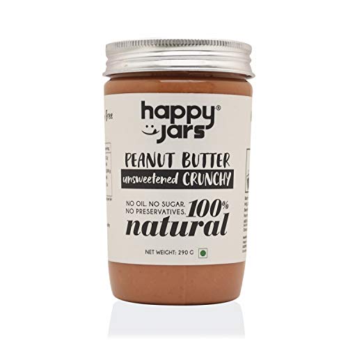 Happy Jars 100% Natural Unsweetened Crunchy Peanut Butter, 290g (100% Pure Peanuts, HIgh Protein, No Sugar, Vegan, Keto)