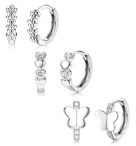 JeweBella 3 Paires Petite Boucles d'Oreilles Créoles pour Femmes Enfant Filles Zircone Coeur Papillon Fleur Boucles d'Oreilles Hypoallergéniques Sleeper Cartilage Petite Créoles Argent