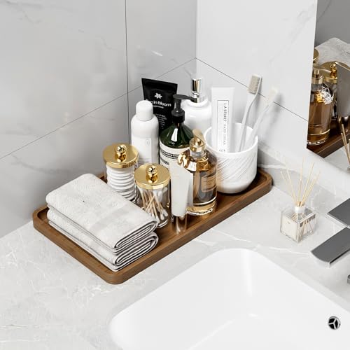 Image of Weenson Bathroom Vanity Tray for Countertop Decor Perfume Makeup Toiletries Toilet Tank, Large Bamboo Kitchen Tray for Spice Salt, Serving Tray for Food Coffee, Nightstand Candle Brown 14.2 inchx8.3 inch