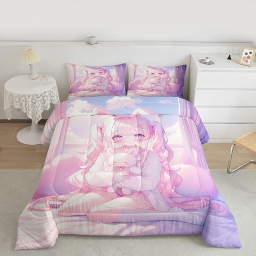 Image of Erosebridal Romance Girly Comforter Set for Kids Boys Girls Anime Girl Bedding Japanese Girl Duvet Set Cute Cartoon Bear Comforter Queen with 2 Pillowcases