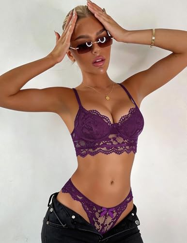 Image of Avidlove Lingerie for Women Lace Strappy Underwear V Neck Bra and Panty Sets 2 Piece Bralette Outfits