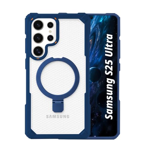 AIBEX Transparent Back Cover Compatible for Samsung Galaxy S25 Ultra| Mag-Saf Magnetic Ring Kickstand |Shockproof Dual Layer Military Grade Drop Protection Armor Case|Wireless Charging Support - Blue
